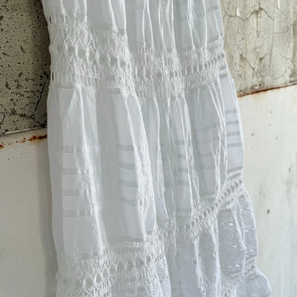 Maxi Skirt White 100% Cotton Eyelet Tiered Ruffles Crochet Cottagecore Cowgirl M - Picture 7 of 8